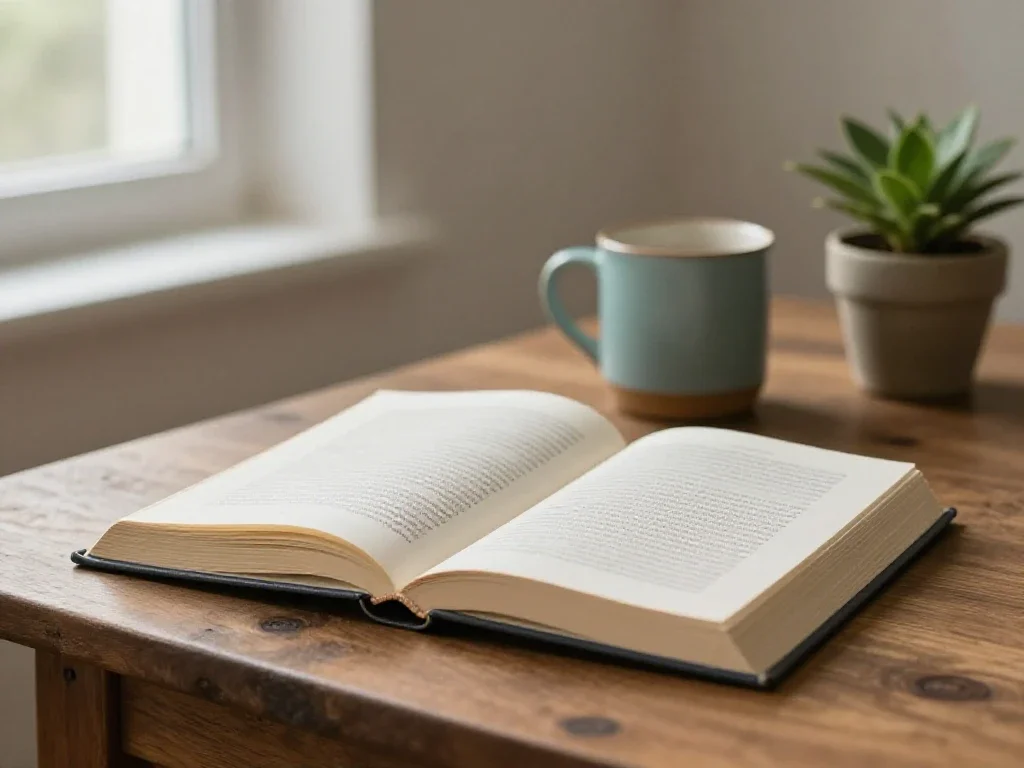 Livres ouverts et café sur une table en bois, illustrant la réflexion et l'apprentissage approfondi.