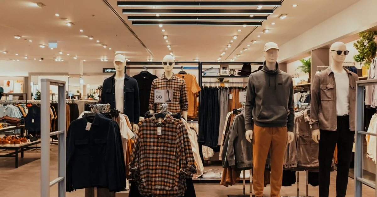 Présentation de vêtements élégants dans un magasin moderne à Dubaï, avec des mannequins.