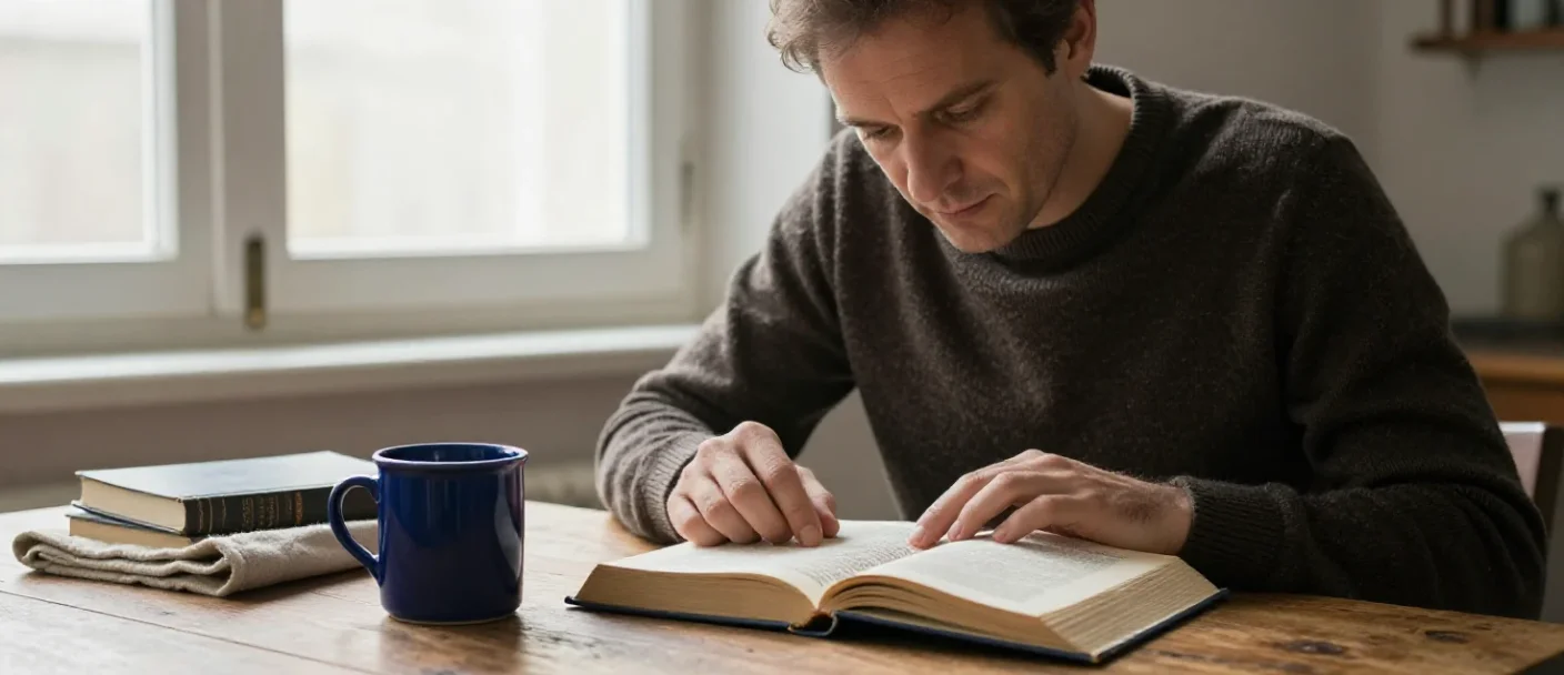 Un homme attentif lisant un ouvrage complexe pour illustrer la réflexion et l'analyse approfondie.
